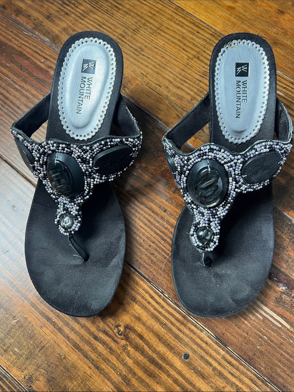 White Mountain Black Beaded Thong Sandals with Stone Accents
